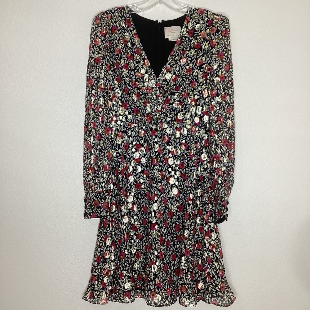 Kate Spade Black Floral Dress Silk Metallic Sz 4 - Picture 3 of 12